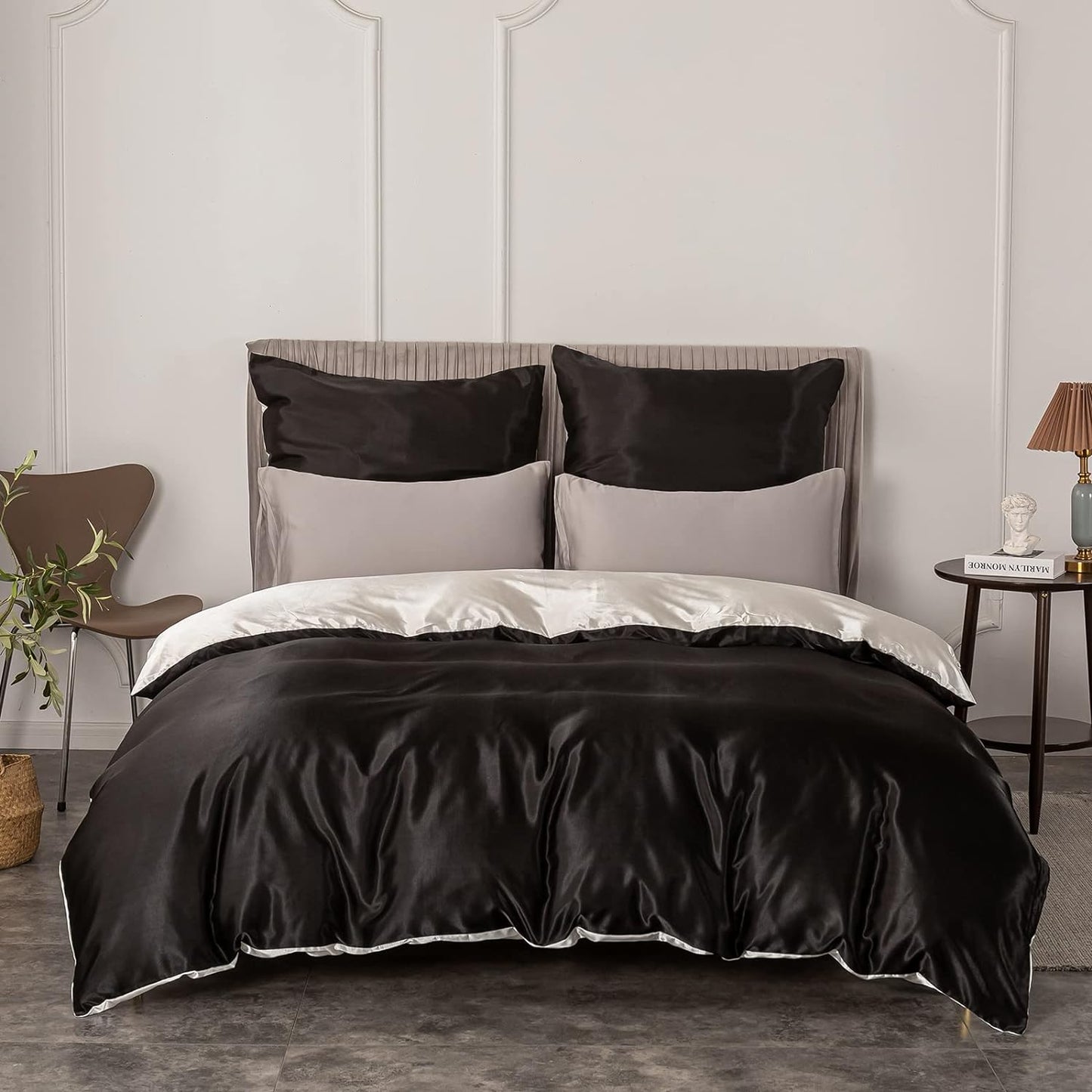 Satin-Bettwäsche Set Schwarz+Weiß