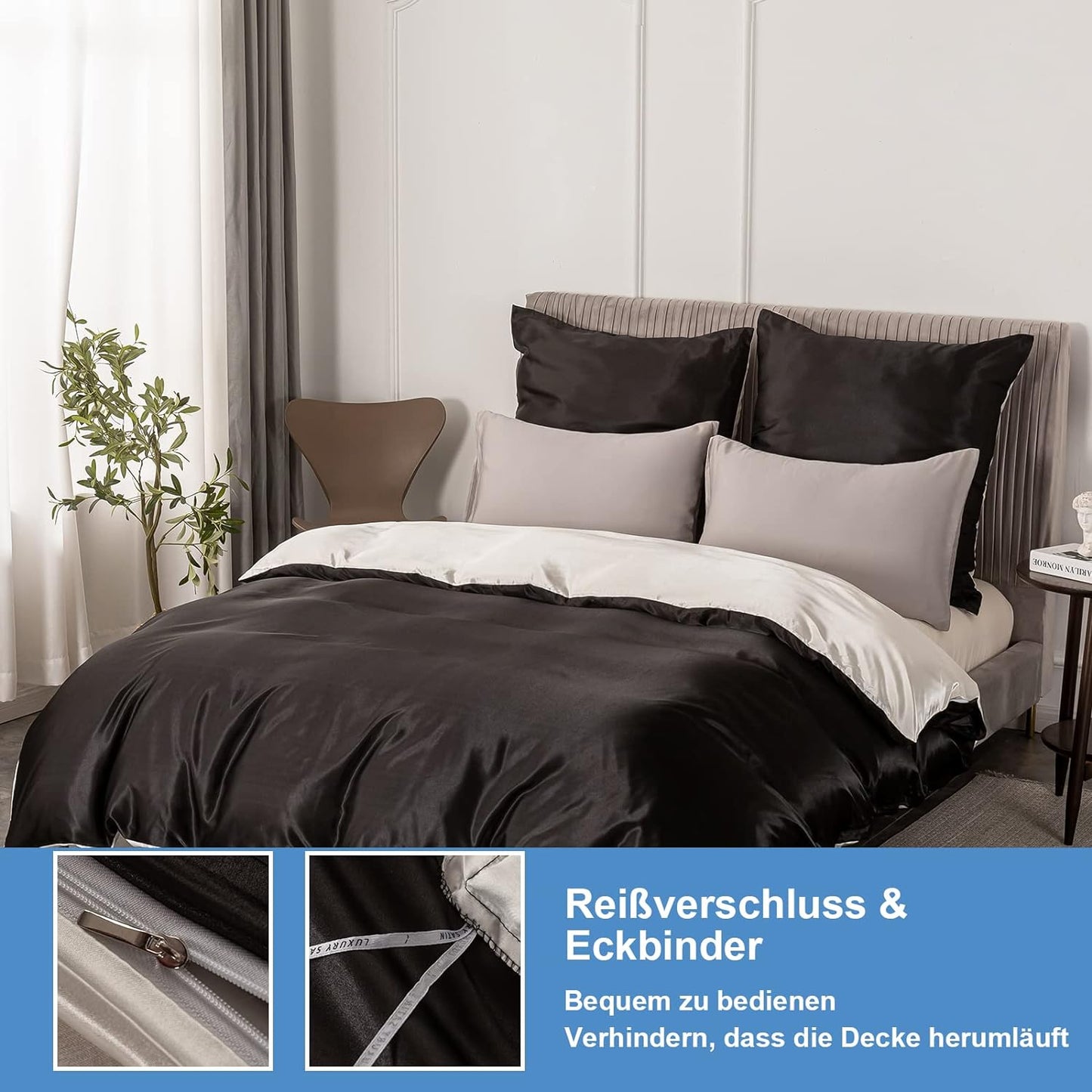 Satin-Bettwäsche Set Schwarz+Weiß