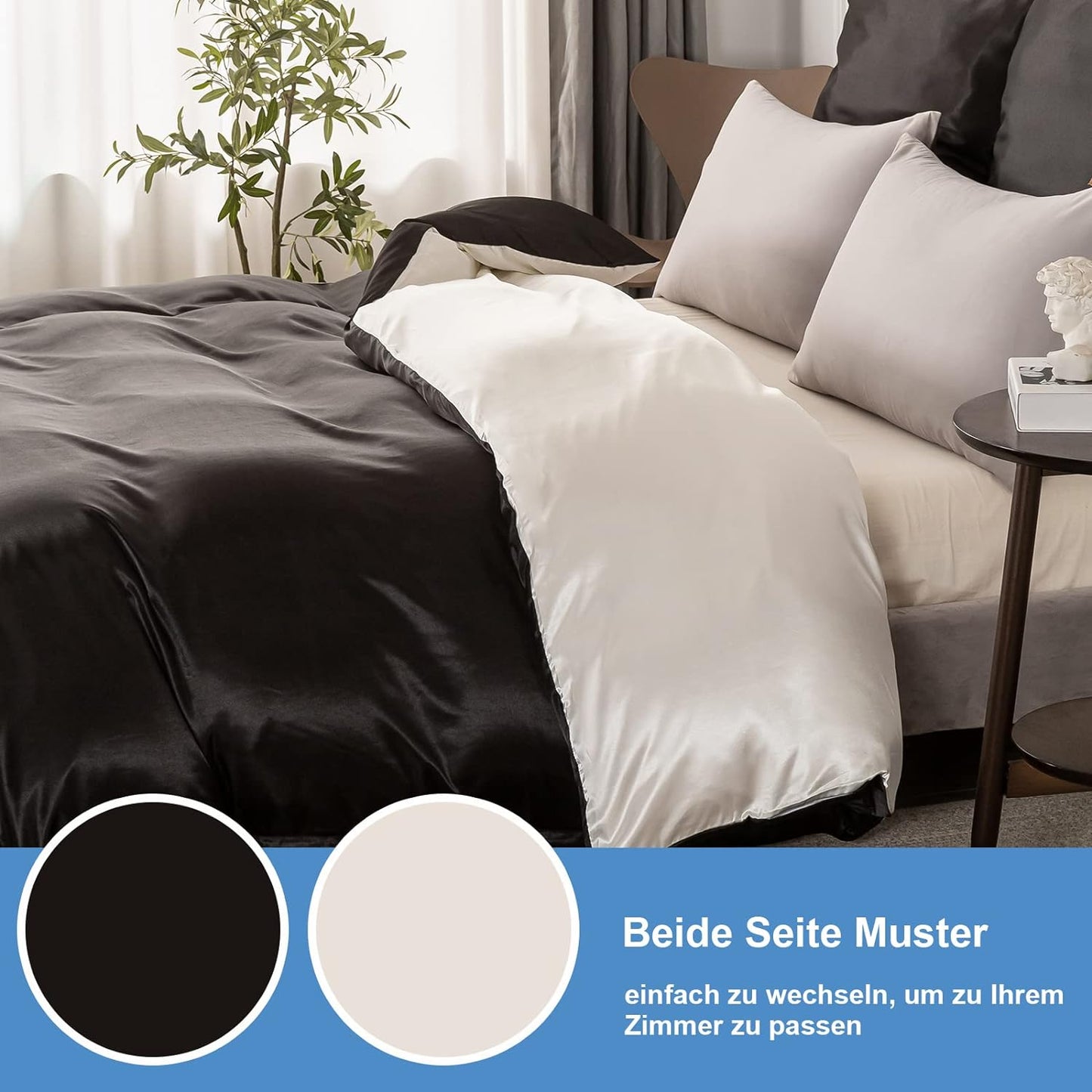 Satin-Bettwäsche Set Schwarz+Weiß