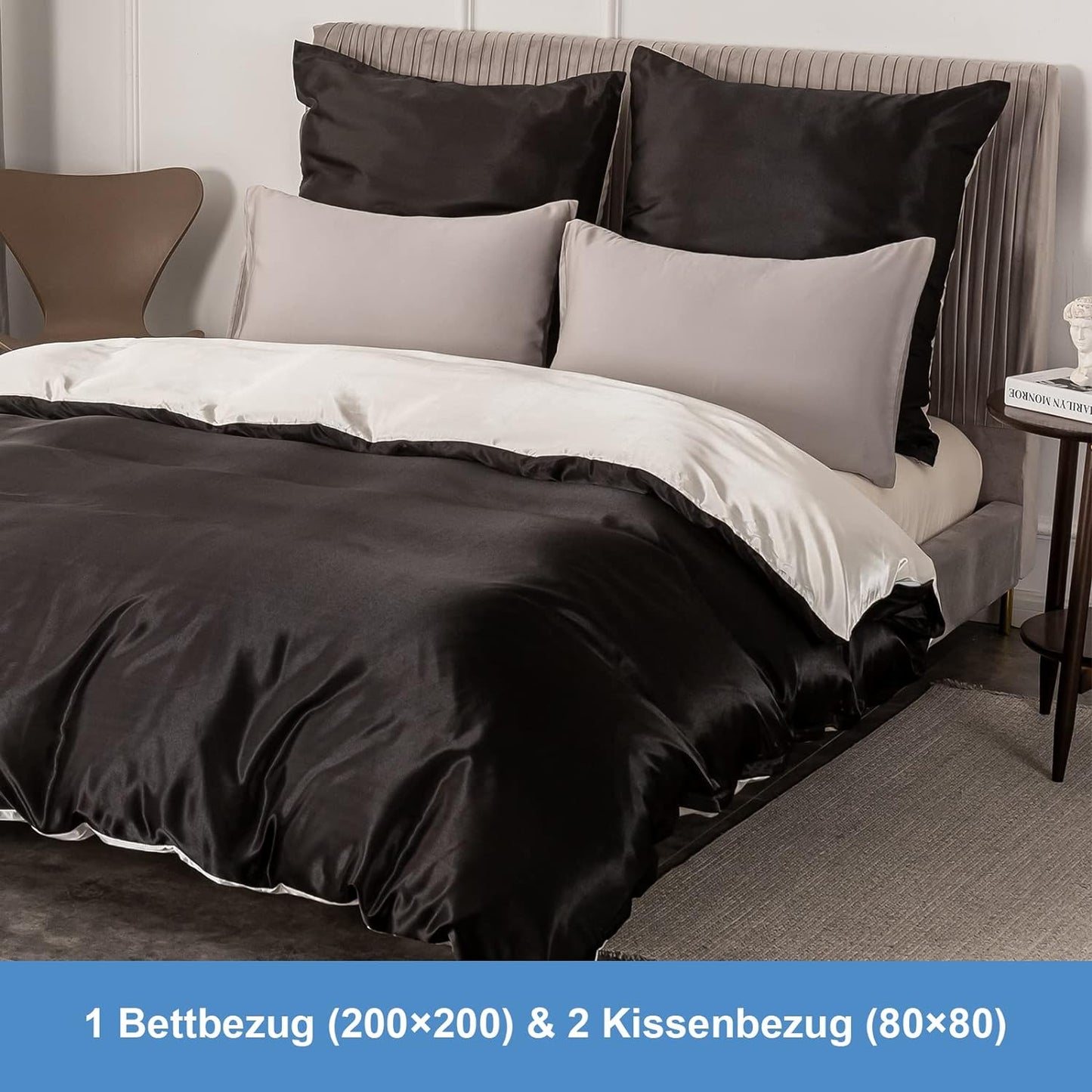 Satin-Bettwäsche Set Schwarz+Weiß