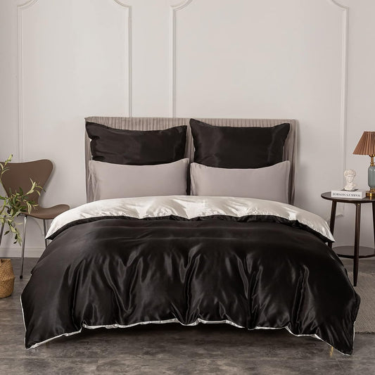 Satin-Bettwäsche Set Schwarz+Weiß
